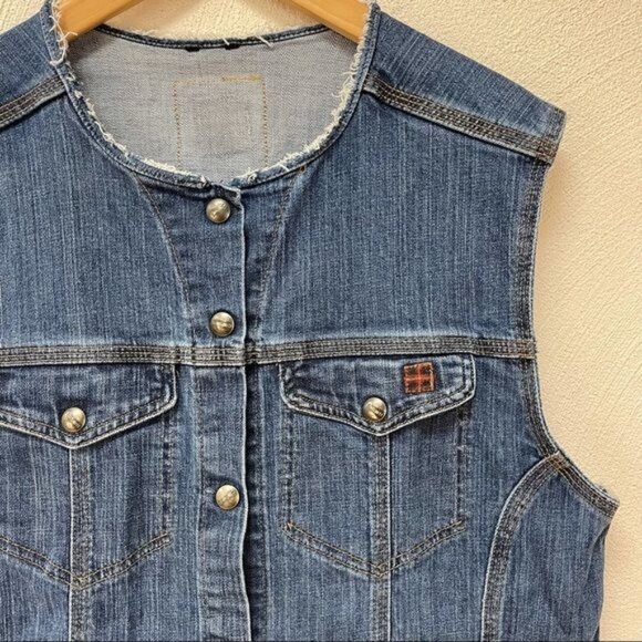Carhartt Cut Off Button Down Denim Vest w/ Patchwork Sz Large - Picture 1 of 4